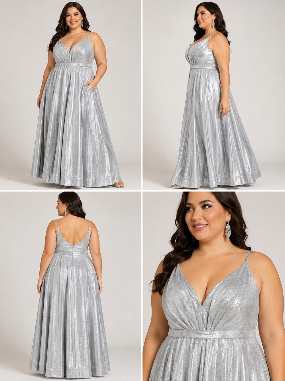Mac Duggal Leanna Silver Metallic Gown Size 16 Illusion Neckline Formal Dress